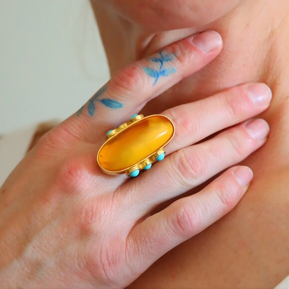 Baltic Amber and Turquoise Gold Ring- 14k Gold Plated Sterling Silver - Picture 7 of 9